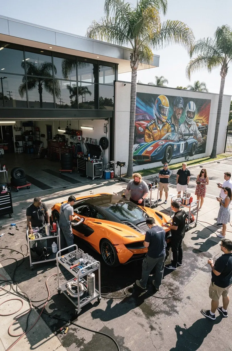 Rows of high-end sports cars lined up in a modern Los Angeles customization and tuning facility.